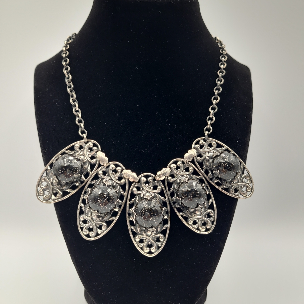 Silver Tone Filigree Bib Necklace Black Glitter Cabochon Statement